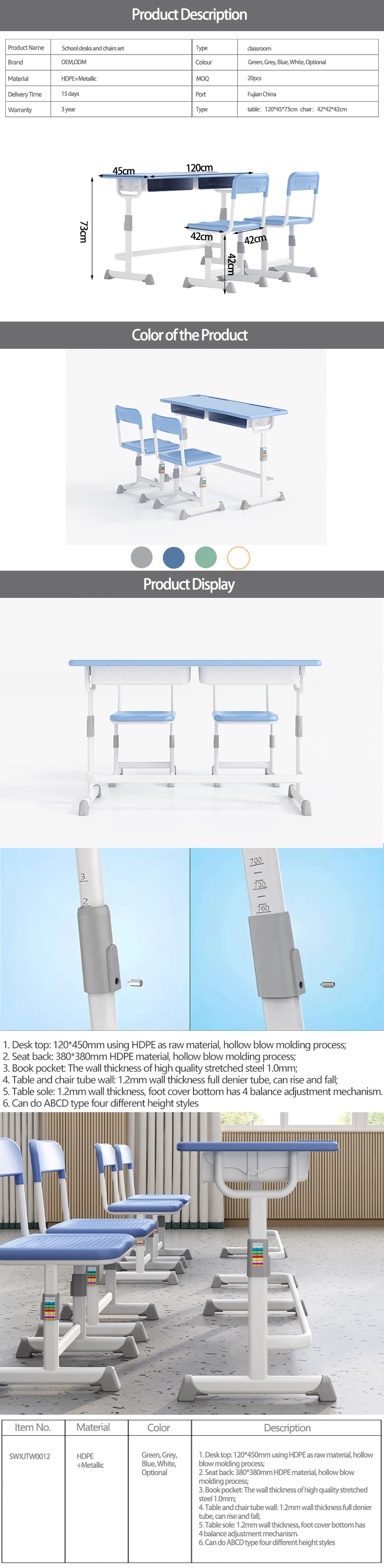 Mobilier scolaire Bureau et chaise d'école double place réglable en hauteur dans les ensembles de classe mesas