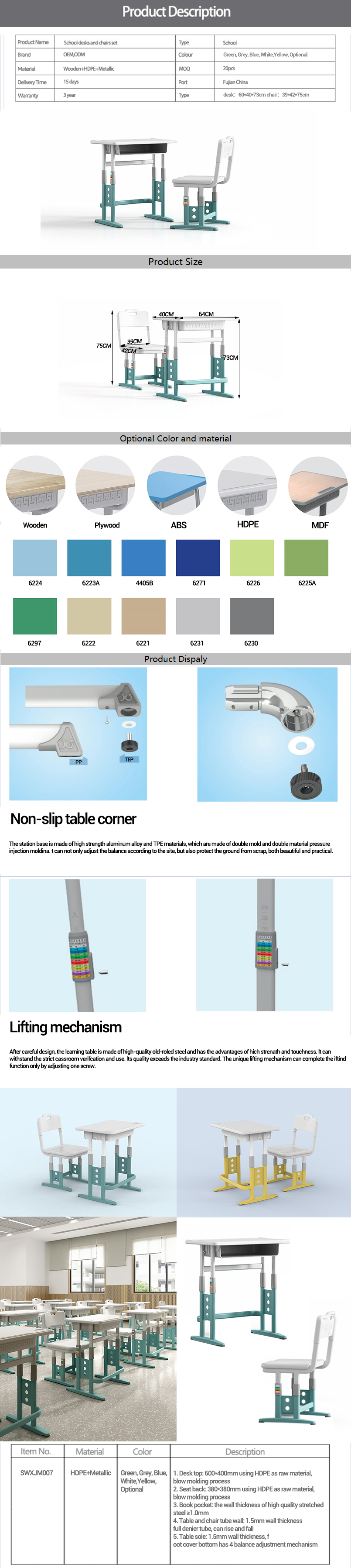 Ensembles de mobilier scolaire, siège de table, bureau et chaise d'étudiant réglables, ensembles personnalisables, chaises empilables, ensembles de classe