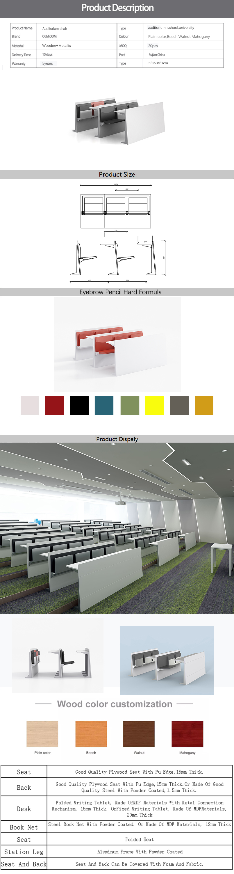 Chaise d'étudiant de mobilier scolaire d'auditorium de haute qualité de luxe et salle de classe de bureau pour les ensembles universitaires