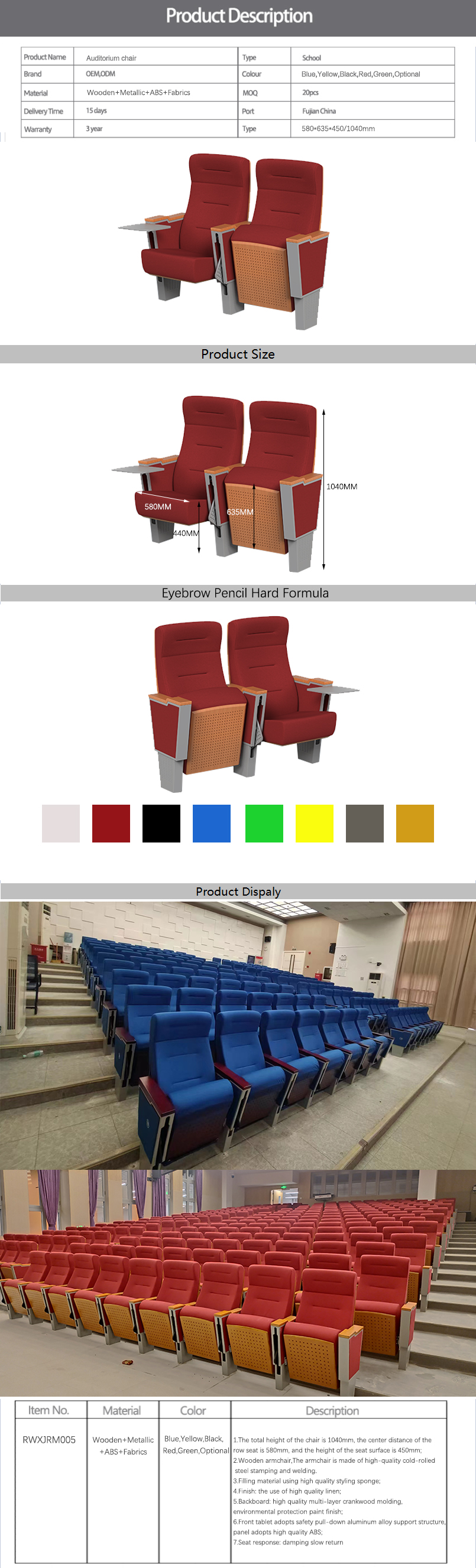 Chaise de luxe à coussin d'éponge de haute qualité, chaise empilable pour église, auditorium, cinéma