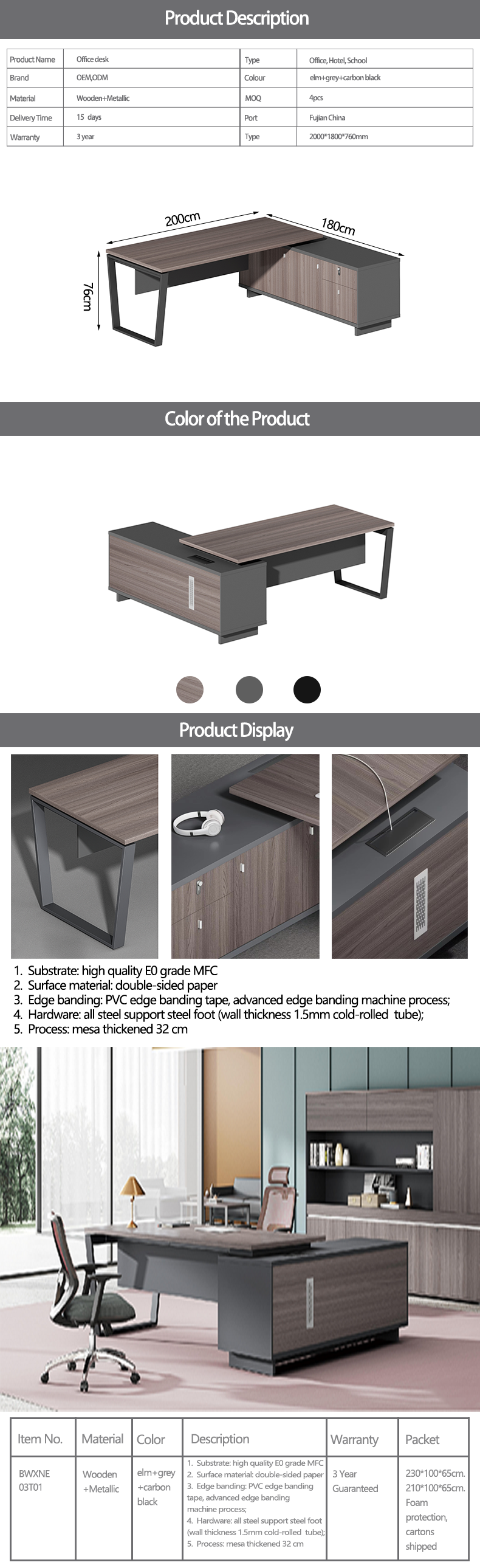 Especificaciones de los muebles de la tabla de la computadora de oficina Mesa ejecutiva en forma de L para gestionar mesas de escritorio de oficina