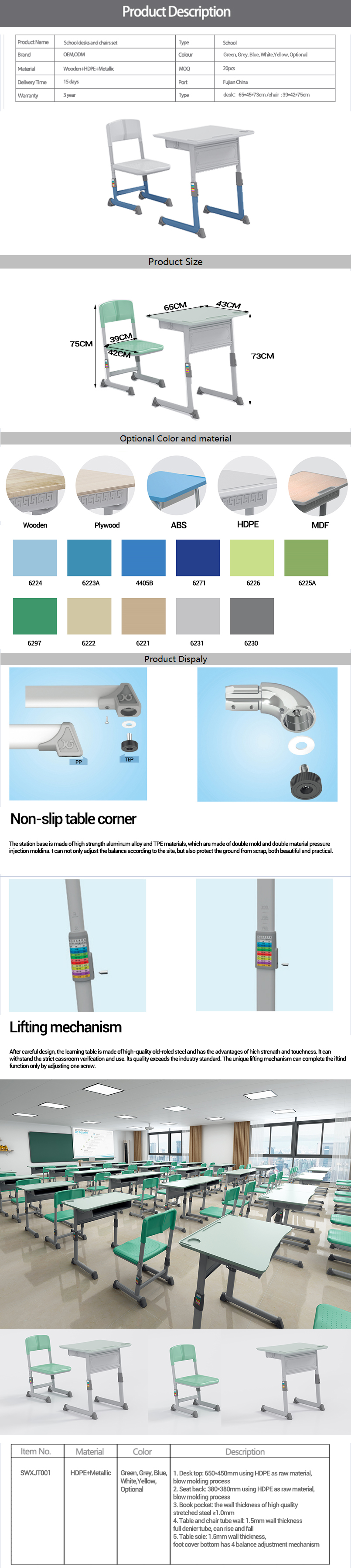 Ensembles de mobilier scolaire, siège de table, bureau et chaise d'étudiant réglables, ensembles personnalisables, chaises empilables, ensembles de classe